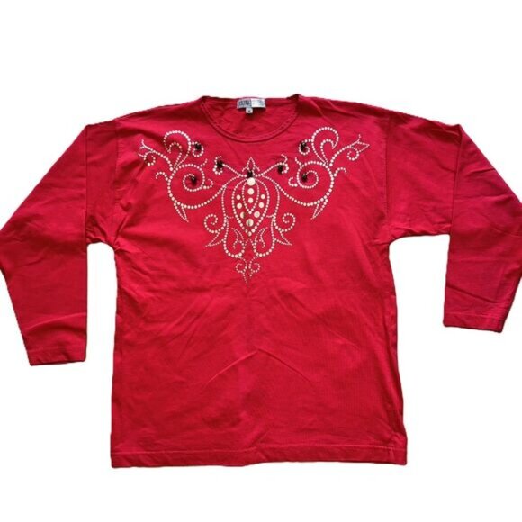 Tops - Vintage Christmas Jingle Bells Top Size M Long Sleeve Red Gold Holiday